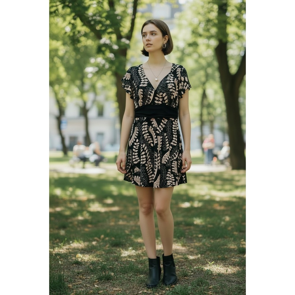 Vintage Y2K Assymetrical Black Beige Leaf Print V-Neck Babydoll Dress Sz 8